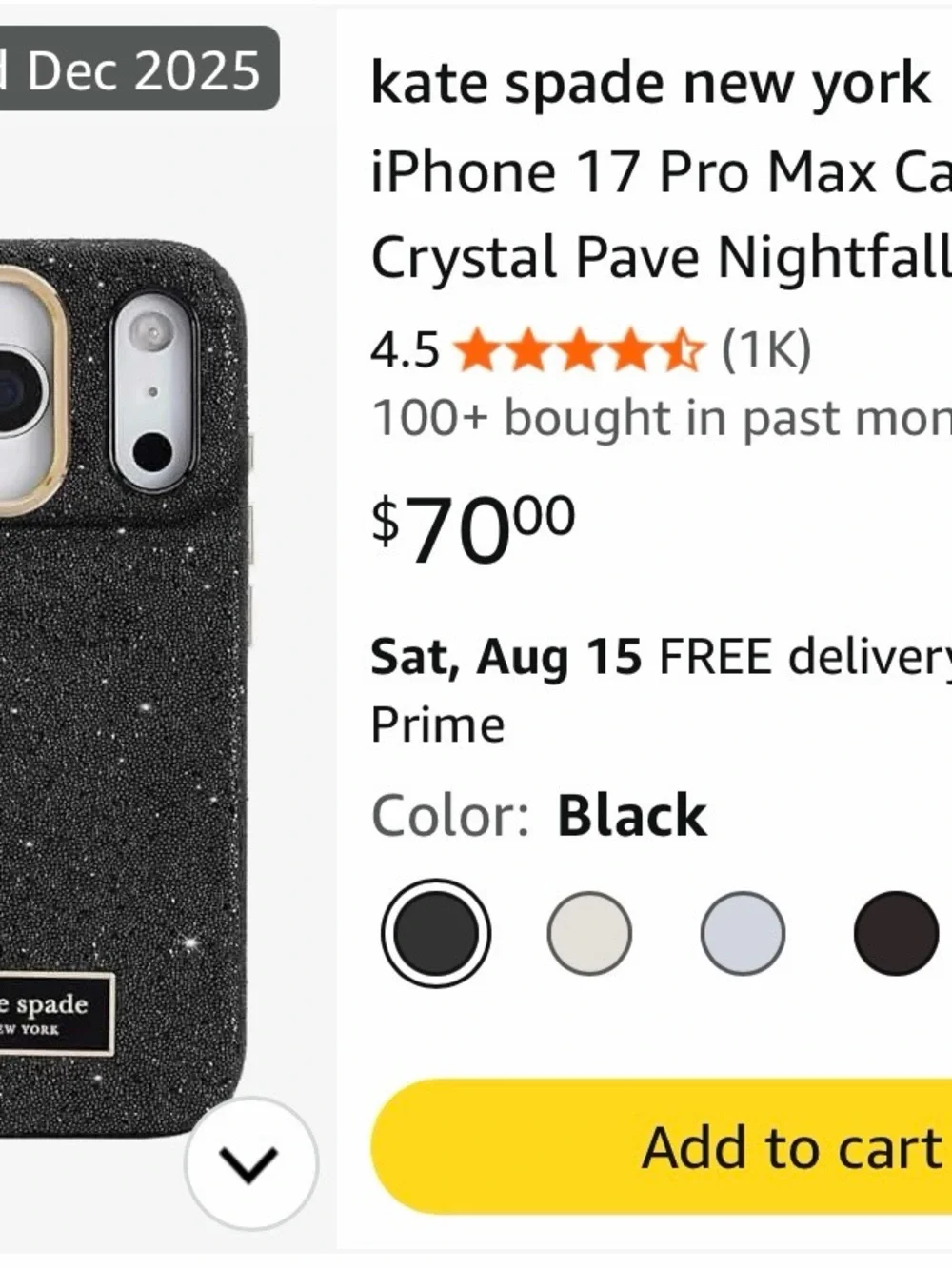 Kate Spade Black Crystal Pave Nightfall iPhone 17 pro max Case with Gold trim
